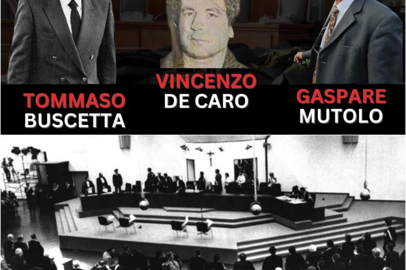 MAXIPROCESSO A COSANOSTRA: TOMMASO BUSCETTA, VINCENZO DE CARO E GASPARE MUTOLO DAVANTI ALLA SAGUTO